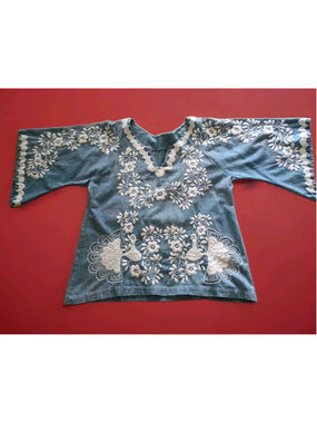 Extravagantly Embroidered Mexico VTG Doves Floral White & Blue-Sz M-L Boho Wow!